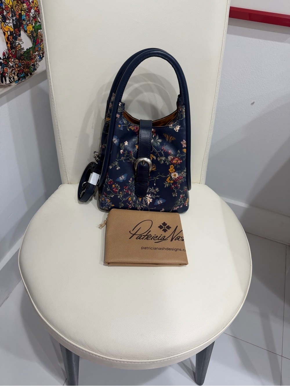 Patricia Nash Navy Butterfly Gardens  Floral Leather Top-Handle Bag & CB strap